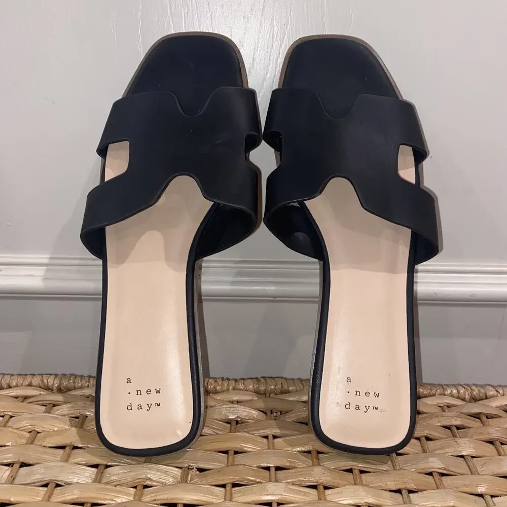 Nina Slide Sandals Sz 9.5 Women Black Faux Leather H-Band Casual Slip-On